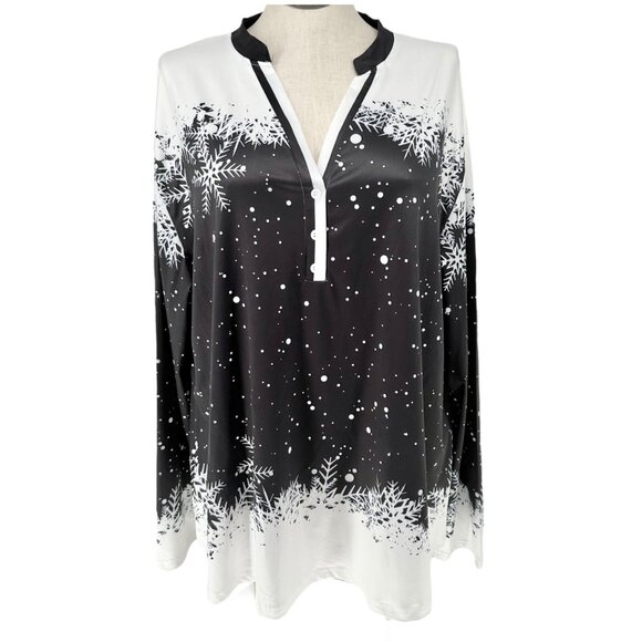 Snowflake Print Womens Top fits like 3XL US Black White LS V-Neck Poly Spandex - Picture 1 of 8
